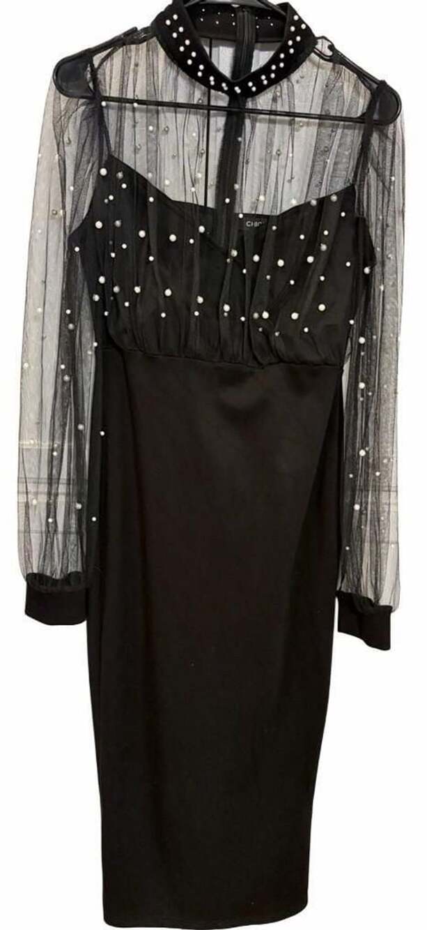 CHICME Black Pearl Embellished Sheer Mesh Long Sleeve Bodycon Midi Dress